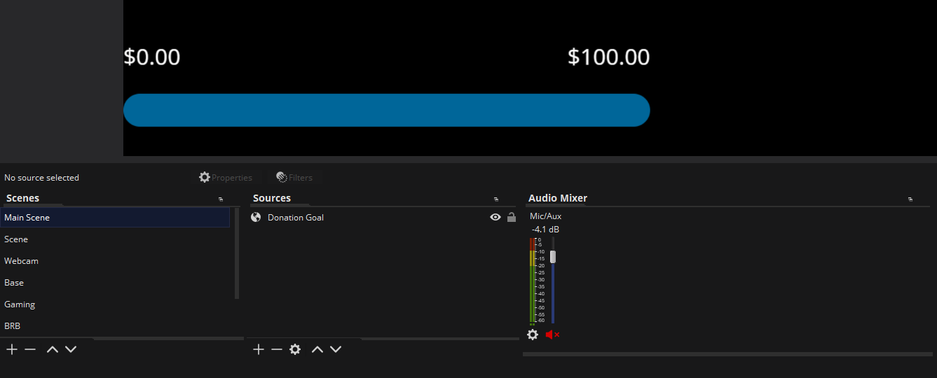 Scenes and sources panel with 'Donation goal' browser source